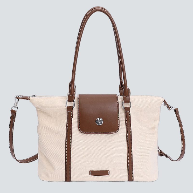 Color-blocking canvas + faux leather tote bag