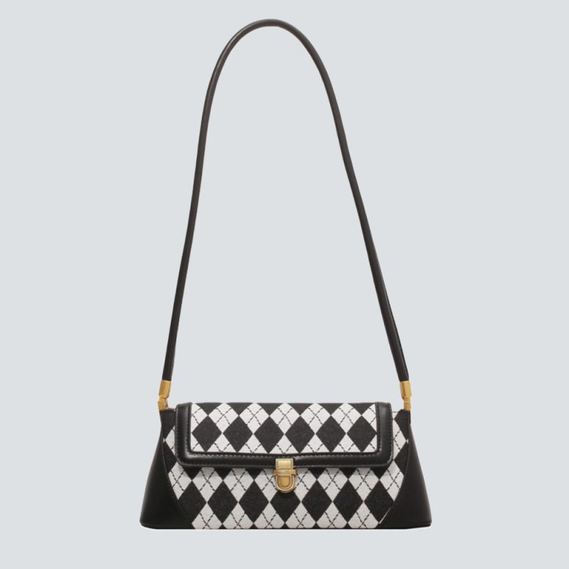 Argyle Pattern Leather-Trimmed Baguette Bag