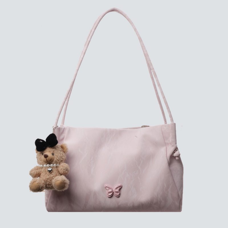 Textured Fabric Tote Bag with Teddy Charm