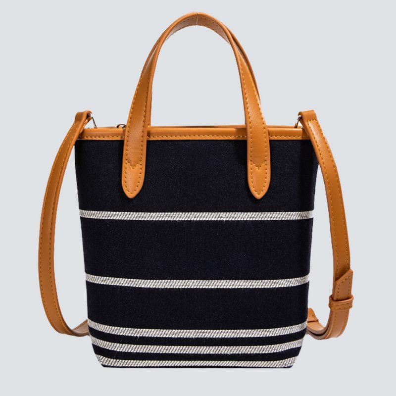 Striped Canvas & Leather Bucket Bag
