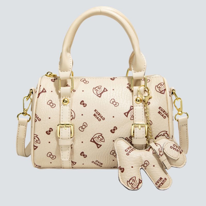 Monogrammed Leather Barrel Bag with Plush Charm