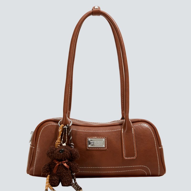 Minimalist Leather Top-Handle Bag with Plush Teddy Charm