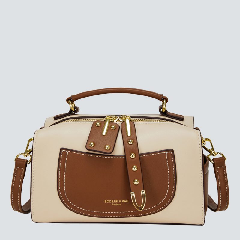 Structured Leather Satchel with Contrast Stitching & Gold Hardware